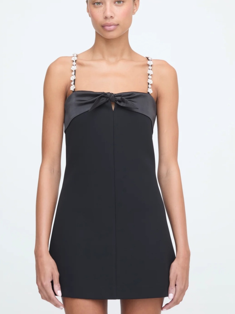 Hill House Black Mini Dress with Pearl-Strap Detail